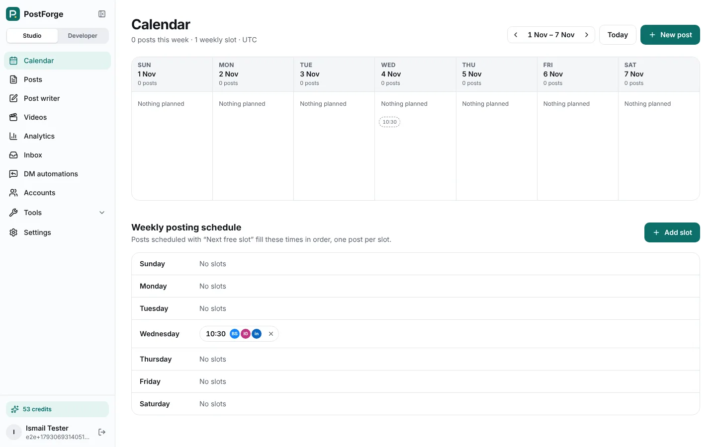 The PostForge calendar with weekly posting slots